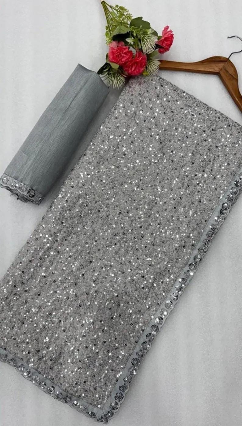Grey Embroidered Georgette Saree, Festive Sarees, Wedding Guest Outfit