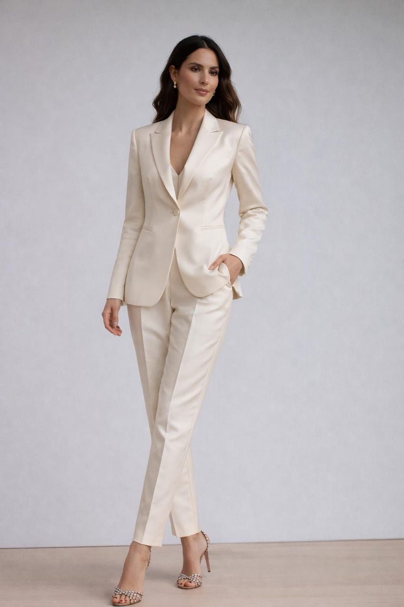 Sophisticated women’s blazer outfit with satin trousers