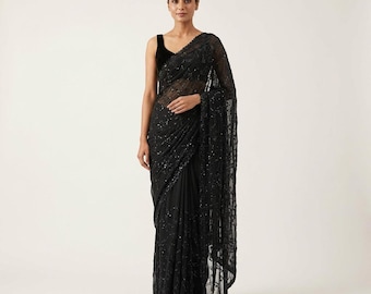 Black Georgette Saree for Women, Party Wear Outfit, Sequin Embroidered Sarees