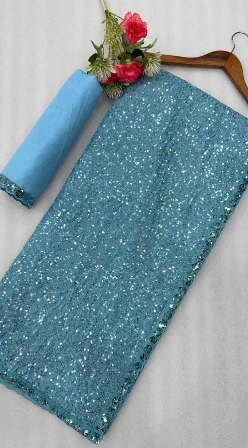 Sky Blue Embroidered Georgette Saree, Festive Sarees, Wedding Guest Outfit
