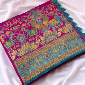 Floor shot of Handmade Pink Pashmina Silk Saree, Zari Weaving, Darbari Woven Pallu, Festive Wear Saree for UK Women