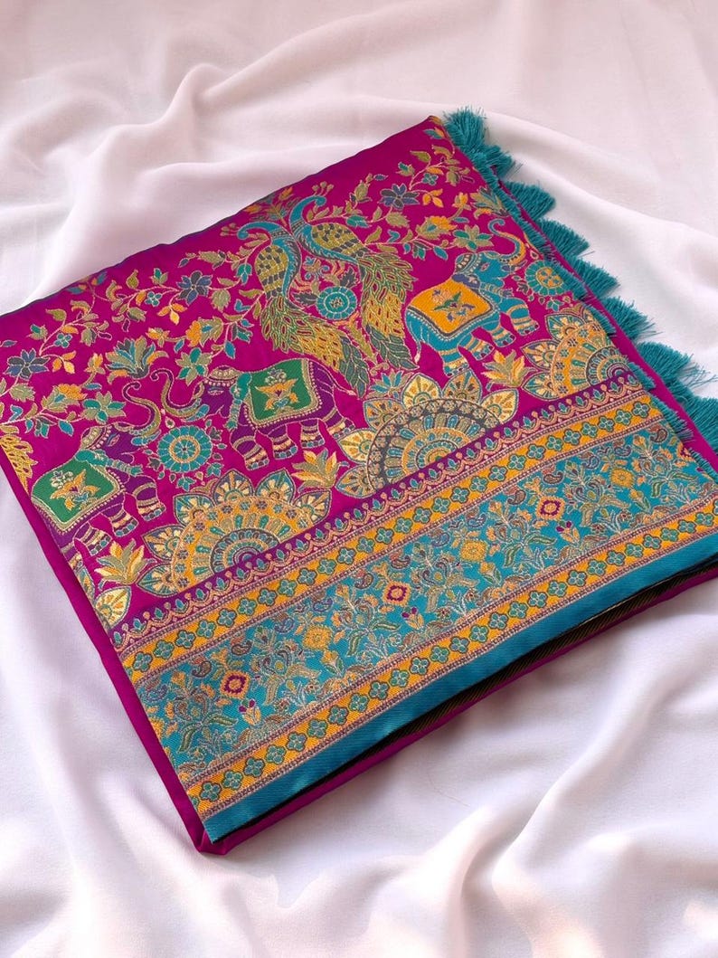 Floor shot of Handmade Pink Pashmina Silk Saree, Zari Weaving, Darbari Woven Pallu, Festive Wear Saree for UK Women