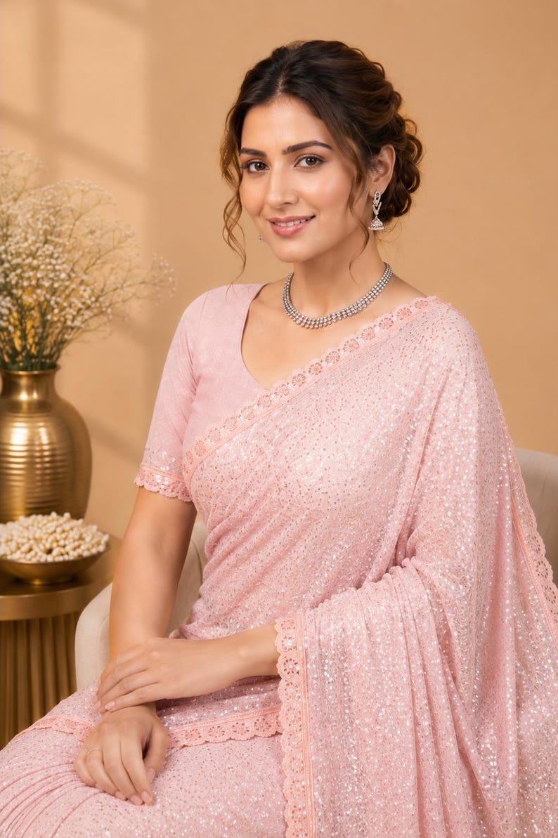 Stylish peach party wear saree with sparkling sequins and contemporary festive look