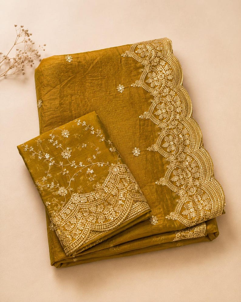 Floor shot of Golden Embroidered Fendy Chiffon Saree for women, Party wear Outfit for UK Girls