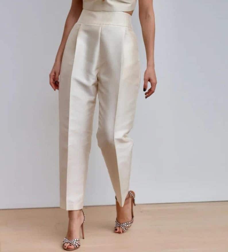 Women wearing beige Color Premium Soft Silk High Waist Pants, Silk Pants, Premium Silk Pants for Women, Silk Trousers, Slim Office Wear Pants and Trousers