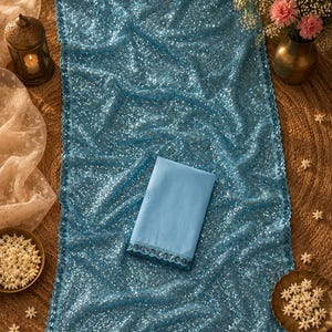 Sky blue sparkling saree with glamorous shimmer fabric for wedding guest outfit and festive occasions