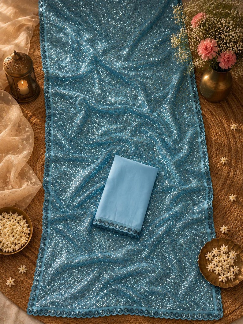 Sky blue sparkling saree with glamorous shimmer fabric for wedding guest outfit and festive occasions