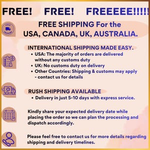 Free international shipping banner offering delivery to USA, Canada, UK, and Australia with express 5–10 day shipping, customs-friendly service, and easy global order processing and dispatch information.