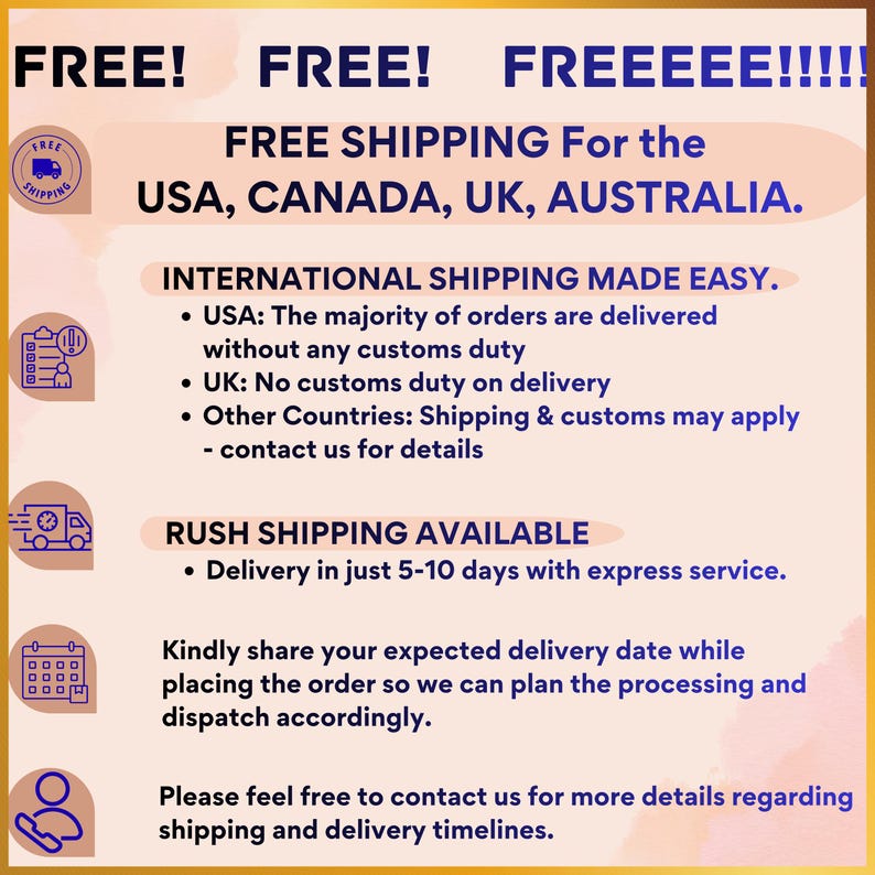 Free international shipping banner offering delivery to USA, Canada, UK, and Australia with express 5–10 day shipping, customs-friendly service, and easy global order processing and dispatch information.