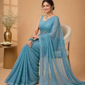 Glamorous blue glitter saree with matching blouse for wedding guest and festive occasions