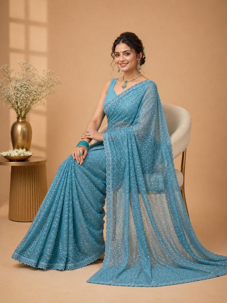 Glamorous blue glitter saree with matching blouse for wedding guest and festive occasions
