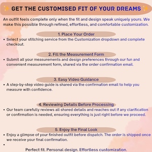 Banner explaining customized outfit process with steps including placing order, submitting measurements, video guidance, review before processing, and final approval, highlighting personalized fit and effortless customization experience.