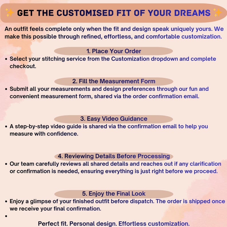 Banner explaining customized outfit process with steps including placing order, submitting measurements, video guidance, review before processing, and final approval, highlighting personalized fit and effortless customization experience.