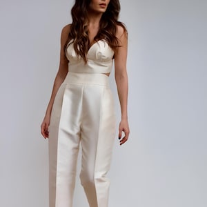 High fashion ivory pantsuit with satin texture