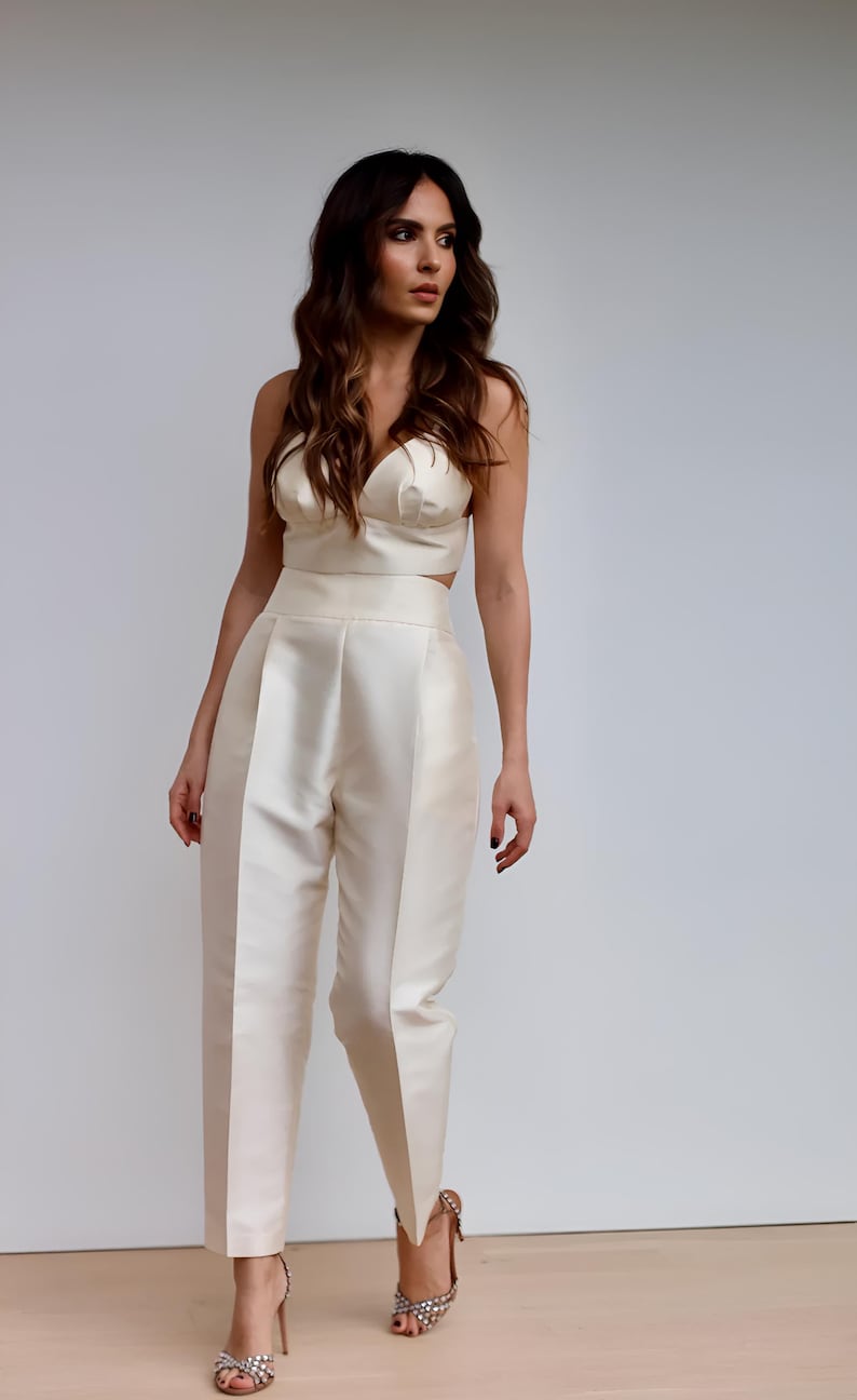 High fashion ivory pantsuit with satin texture