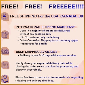 Free international shipping banner offering delivery to USA, Canada, UK, and Australia with express 5–10 day shipping, customs-friendly service, and easy global order processing and dispatch information.