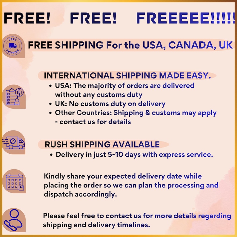 Free international shipping banner offering delivery to USA, Canada, UK, and Australia with express 5–10 day shipping, customs-friendly service, and easy global order processing and dispatch information.