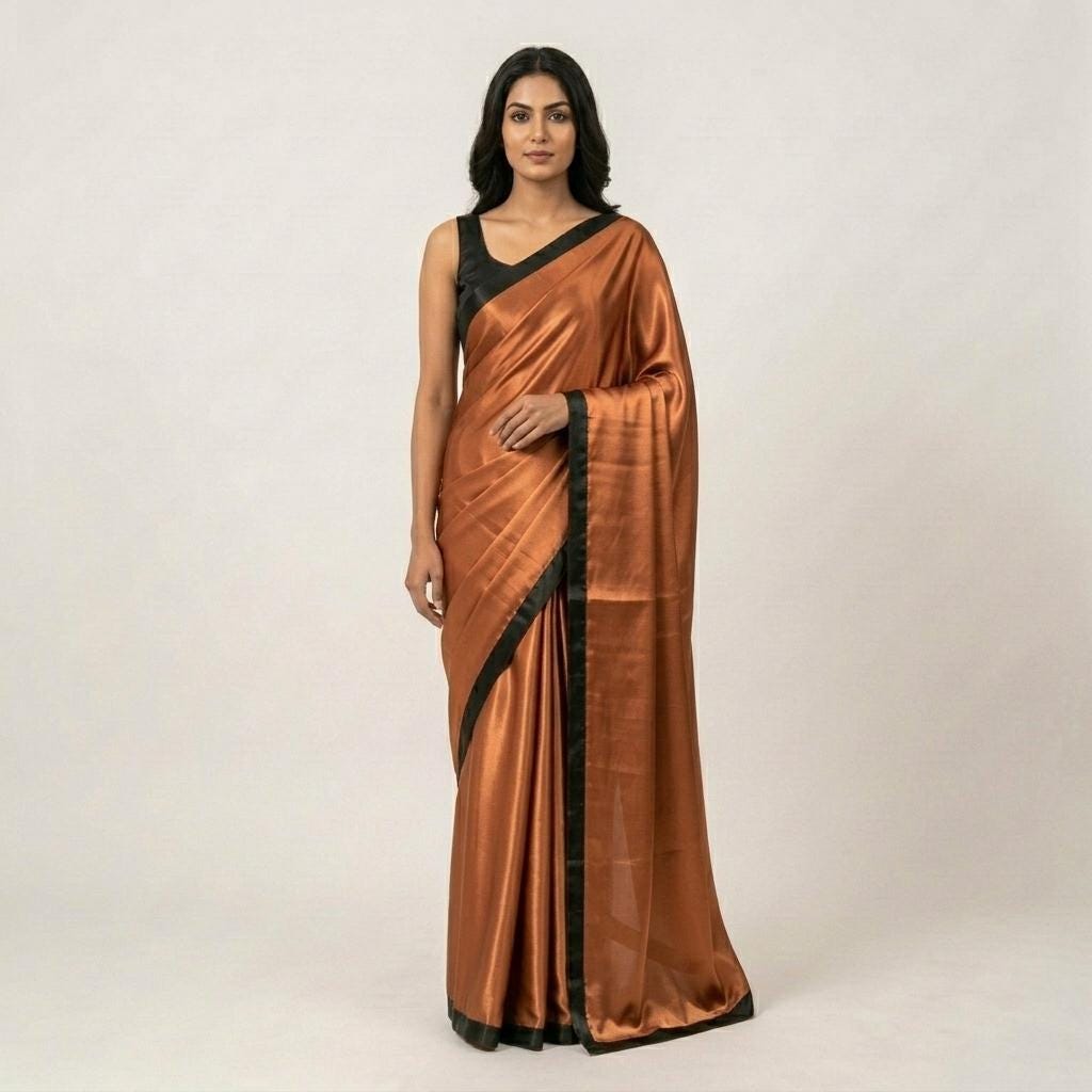 Copper Satin Silk Saree for Women, Bridesmaid Sarees, Wedding Party Wear Outfit