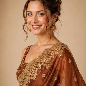 Closeup shot of Brown Embroidered Fendy Chiffon Saree for women, Party wear Outfit for UK Girls