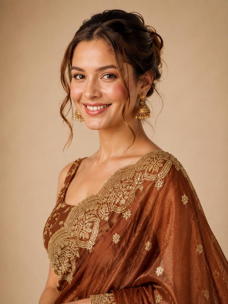 Closeup shot of Brown Embroidered Fendy Chiffon Saree for women, Party wear Outfit for UK Girls