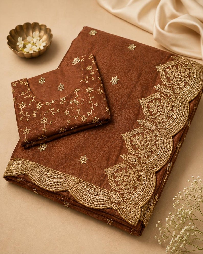 Floor shot of Brown Embroidered Fendy Chiffon Saree for women, Party wear Outfit for UK Girls
