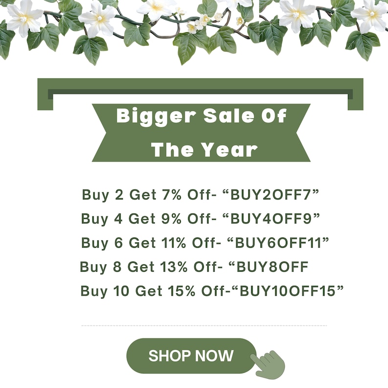 Biggest sale of the year banner showing multi-buy discounts with coupon codes for Etsy orders.
