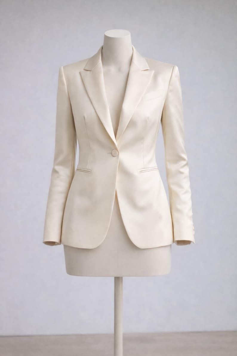 Modern formal women outfit with ivory blazer and trousers