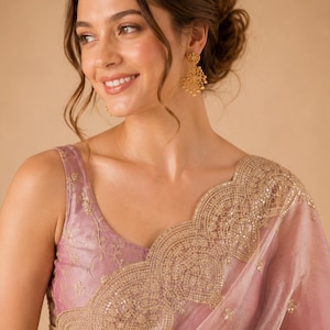 Closeup shot of Pink Embroidered Fendy Chiffon Saree for women, Party wear Outfit for UK Girls