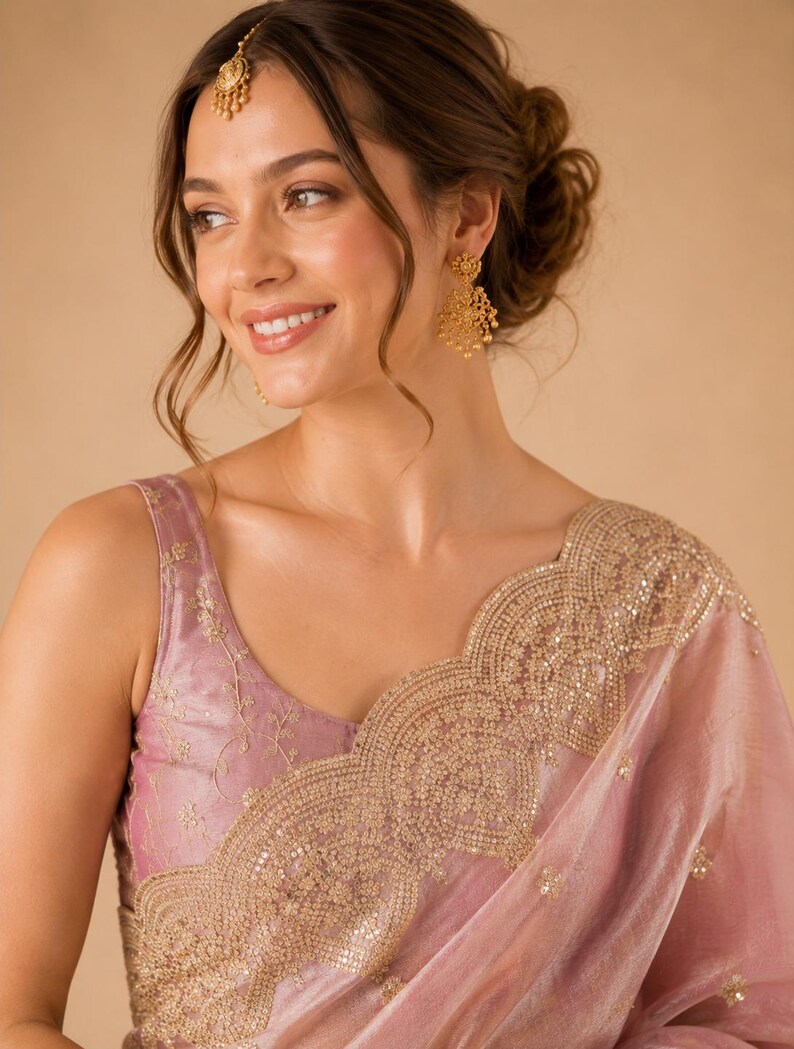 Closeup shot of Pink Embroidered Fendy Chiffon Saree for women, Party wear Outfit for UK Girls
