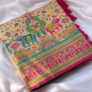 Floor shot of Handmade Cream Pashmina Silk Saree, Zari Weaving, Darbari Woven Pallu, Festive Wear Saree for UK Women