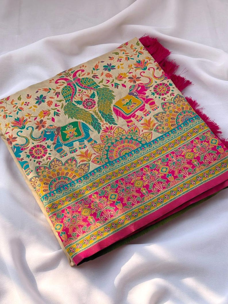 Floor shot of Handmade Cream Pashmina Silk Saree, Zari Weaving, Darbari Woven Pallu, Festive Wear Saree for UK Women