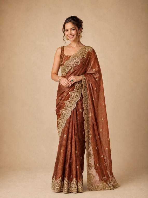 Brown Embroidered Fendy Chiffon Saree for Women, Party wear Outfit, Festive Sarees