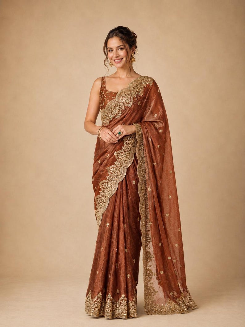 Women wearing Brown Embroidered Fendy Chiffon Saree for wedding, Party wear Outfit for UK Girls