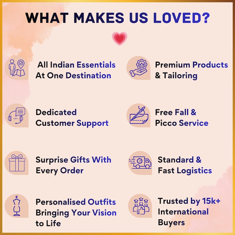 Banner highlighting brand benefits including all Indian essentials in one place, premium products and tailoring, dedicated customer support, free fall and picco service, surprise gifts with every order, fast logistics, personalized outfits, and trusted by 15k+ international buyers.