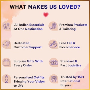Brand highlights banner showing reasons to choose our store, including premium tailored products, personalized outfits, free fall and picco service, fast global shipping, dedicated customer support, and trusted by 15k+ international buyers.
