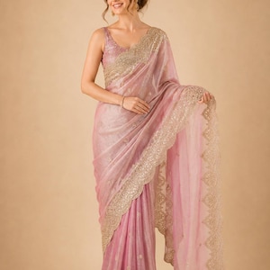 Women wearing Pink Embroidered Fendy Chiffon Saree for weddding, Party wear Outfit for UK Girls
