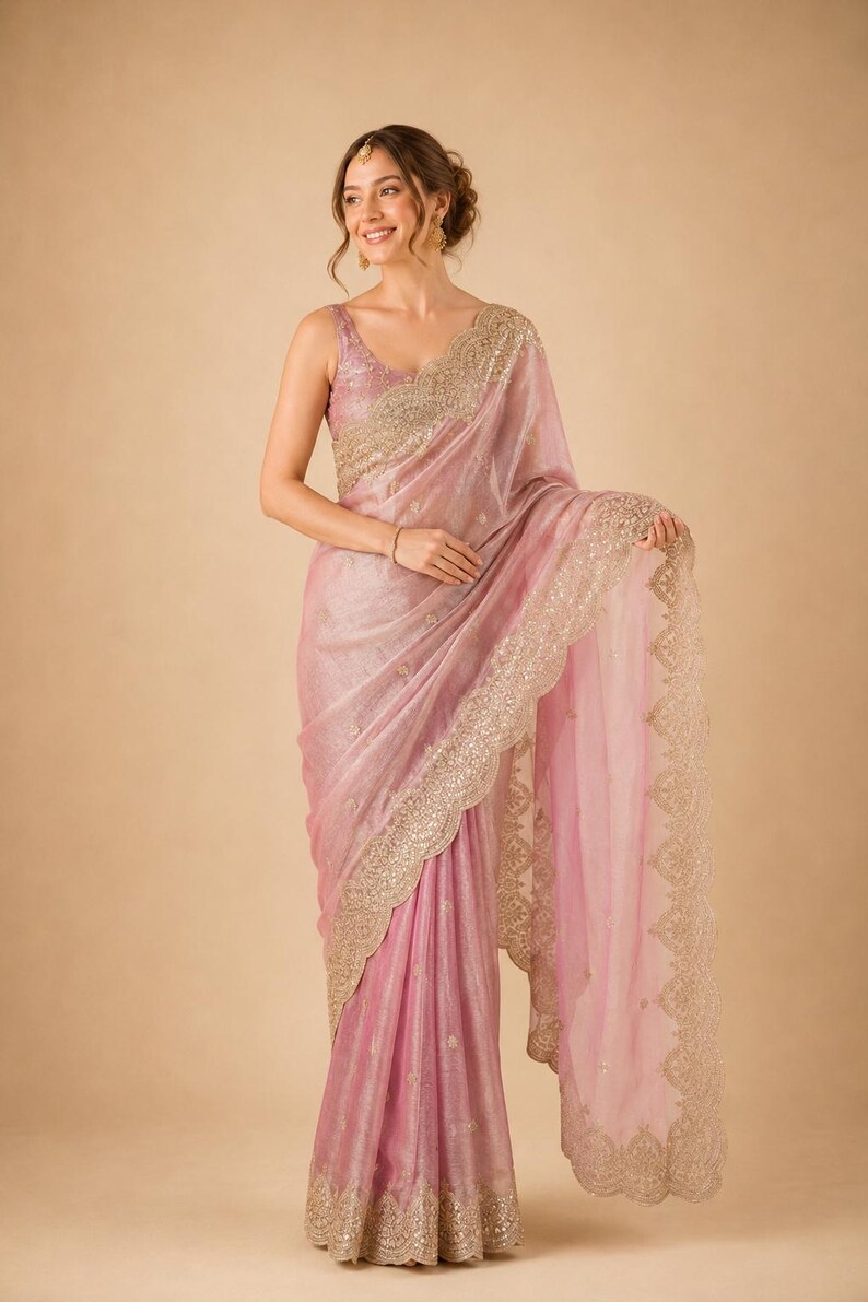 Women wearing Pink Embroidered Fendy Chiffon Saree for weddding, Party wear Outfit for UK Girls