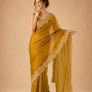 Women wearing Golden Embroidered Fendy Chiffon Saree for weddding, Party wear Outfit for UK Girls