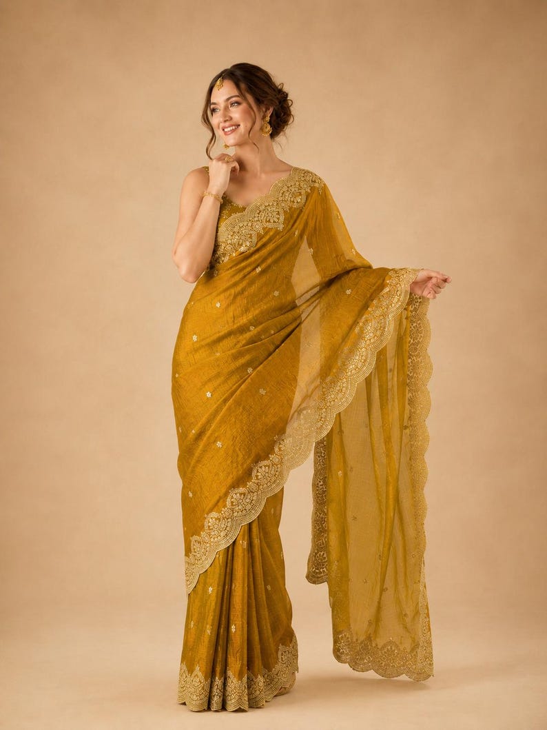 Women wearing Golden Embroidered Fendy Chiffon Saree for weddding, Party wear Outfit for UK Girls