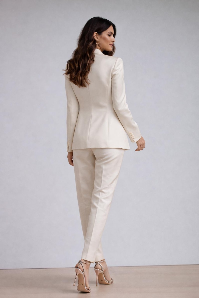 Stylish ivory blazer and pants set with satin finish