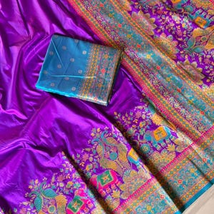 Floor shot of Handmade Purple Pashmina Silk Saree, Zari Weaving, Darbari Woven Pallu, Festive Wear Saree for UK Women