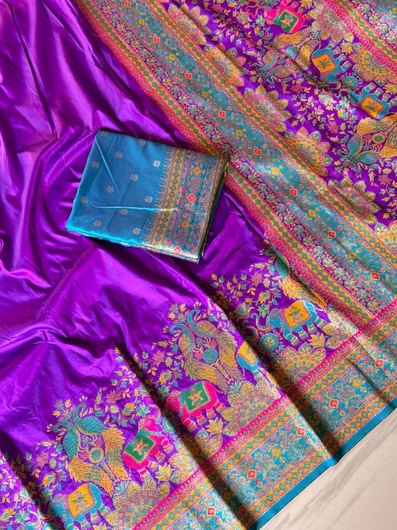 Floor shot of Handmade Purple Pashmina Silk Saree, Zari Weaving, Darbari Woven Pallu, Festive Wear Saree for UK Women