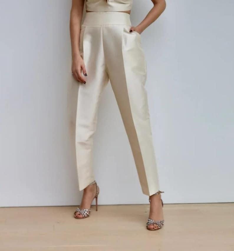 Women wearing beige Color Premium Soft Silk High Waist Pants, Silk Pants, Premium Silk Pants for Women, Silk Trousers, Slim Office Wear Pants and Trousers