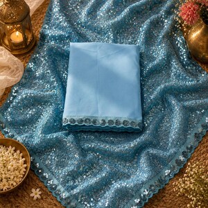 Sky blue sequin saree featuring elegant sparkle detailing and lightweight fabric for special occasions