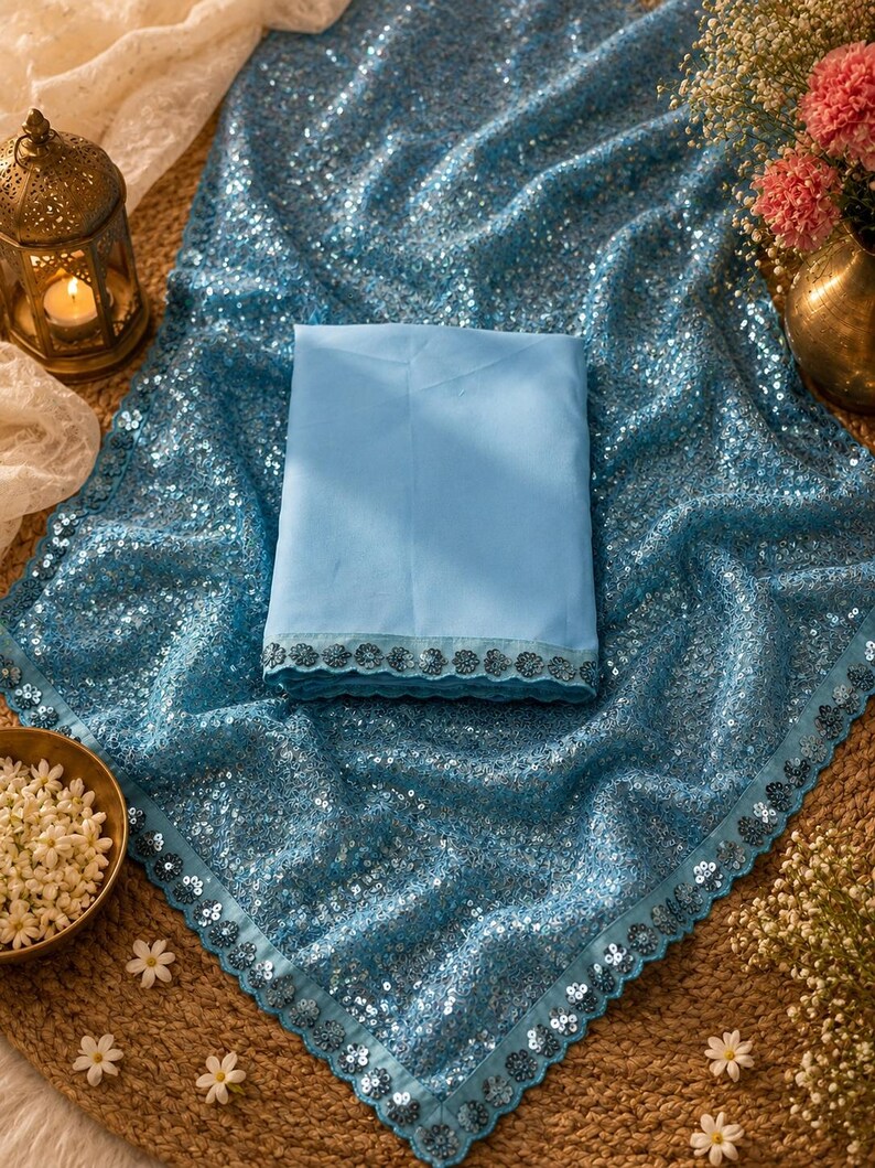 Sky blue sequin saree featuring elegant sparkle detailing and lightweight fabric for special occasions