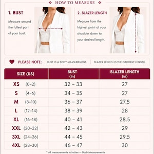 Nazakat Ethnics blazer size chart showing bust and blazer length measurement guide, with US sizes XS–4XL and corresponding measurements in inches.