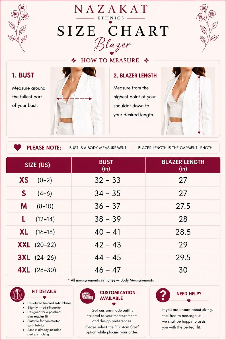 Nazakat Ethnics blazer size chart showing bust and blazer length measurement guide, with US sizes XS–4XL and corresponding measurements in inches.