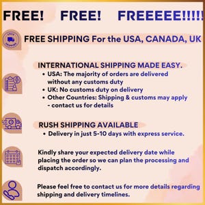 Free international shipping banner highlighting delivery to USA, Canada, UK, and Australia, with details on customs duty, express shipping in 5–10 days, and easy global delivery for online clothing orders.