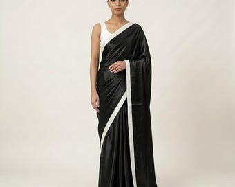 Black Satin Silk Bridesmaid Saree For women, Hand Finished Edges, Party Wear Outfit