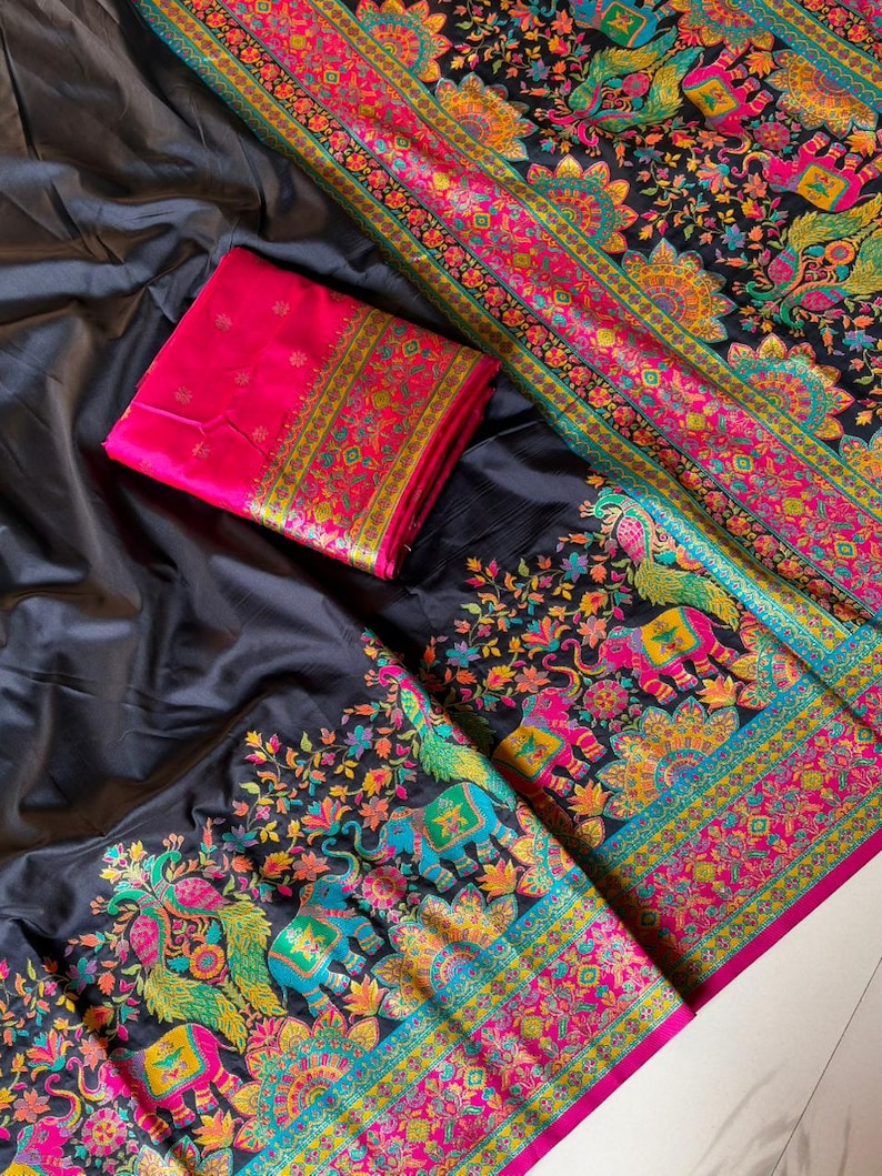 Floor shot of Handmade Black Pashmina Silk Saree, Zari Weaving, Darbari Woven Pallu, Festive Wear Saree for UK Women